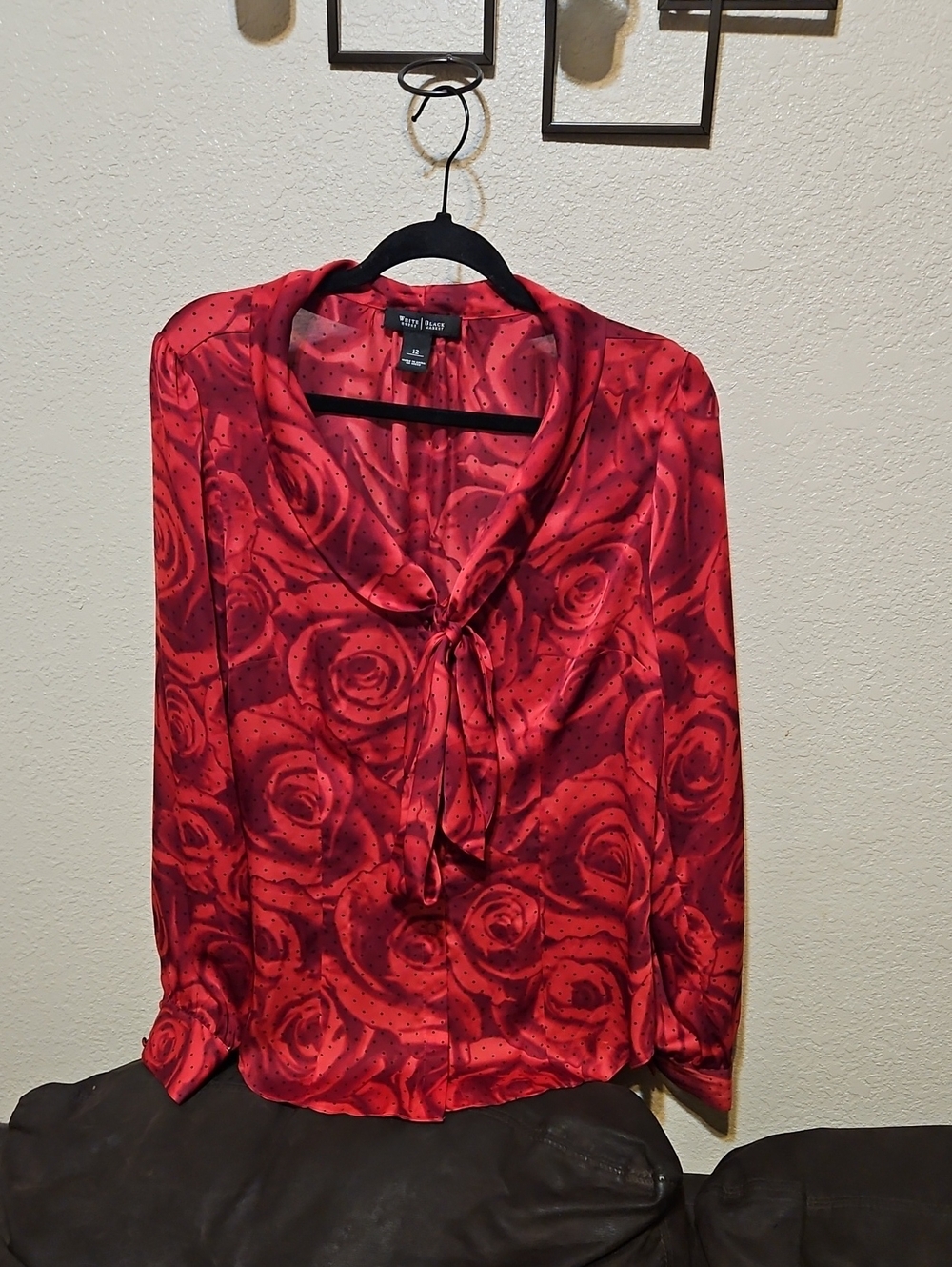 White House Black Market Red Rose Print Tie-Neck Blouse